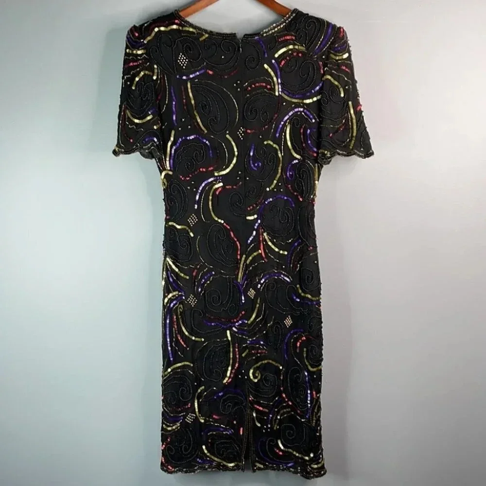VINTAGE Glamour Silk Sequinned Beaded Dress Black Cocktail Shoulder Pads Size S - Picture 9 of 12